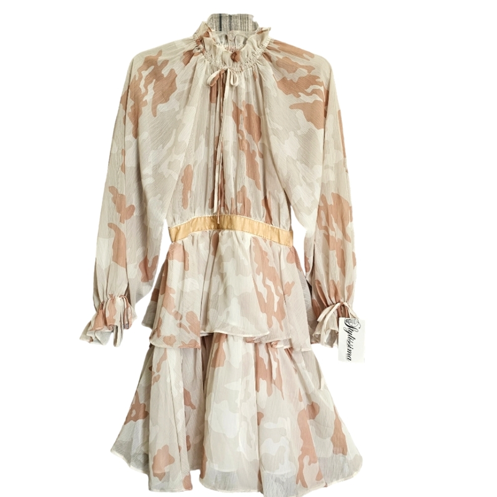 Stylissima Nwt Romina Beige Camo Longsleeve Chiffon Dress